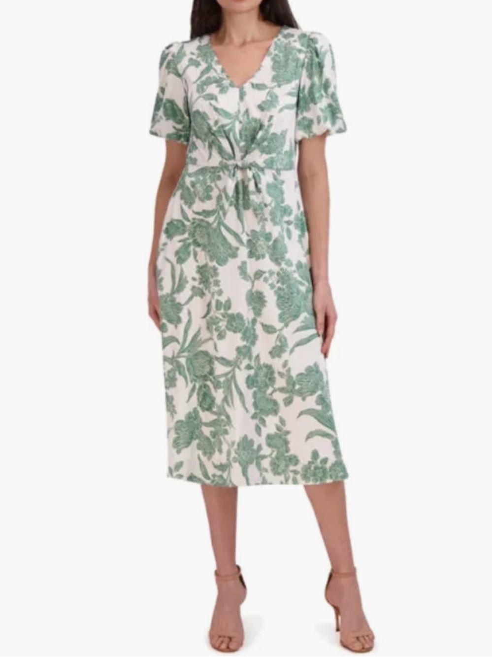 julia jordan Ivory Midi Dress with Green Floral Print and Puff Sleeves